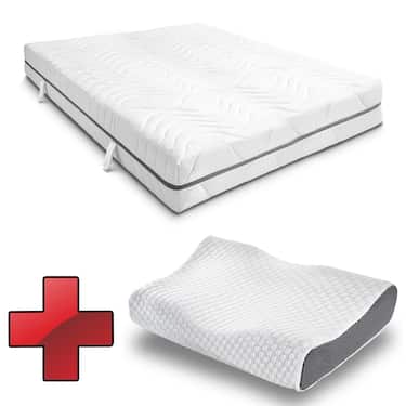 Materasso viscoelastico a 7 zone Sleezzz Smart 120 x 200 cm, altezza 18 cm, livello di rigidità H3 con schiuma a memoria d'aria + cuscino ortopedico Sleezzz Premium con effetto gel per il collo 32 x 60 cm