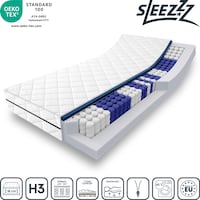 Sleezzz Superior taskujousipatja 90 x 200 cm, korkeus 18 cm, lujuusluokka H3 + CloudComfort Basic mikrokuitupatja 135 x 200 cm + 80 x 80 cm.