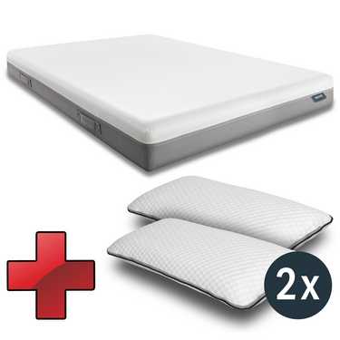 "Sleezzz Premium" viskoelastinis čiužinys 180 x 200 cm, aukštis 20 cm, kietumo lygis H2/H3, su dvipusėmis rankenėlėmis + 2 x "Sleezzz® Smart" reguliuojamo aukščio pagalvės