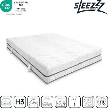 Matelas viscoélastique 7 zones Sleezzz Smart 120 x 200 cm, hauteur 18 cm, degré de fermeté H3 avec mousse à mémoire de forme Air + oreiller cervical orthopédique Sleezzz Premium effet gel 32 x 60 cm